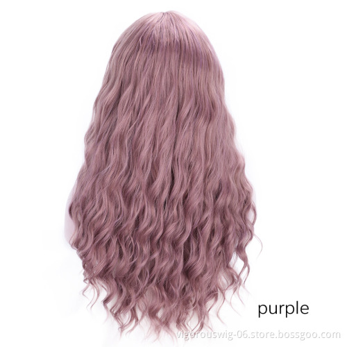 Vigorous Highlight Wavy Wigs Brown Mix Blonde Middle Part Cosplay Heat Resistant Synthetic Wigs with Bangs Black Women Long Hair